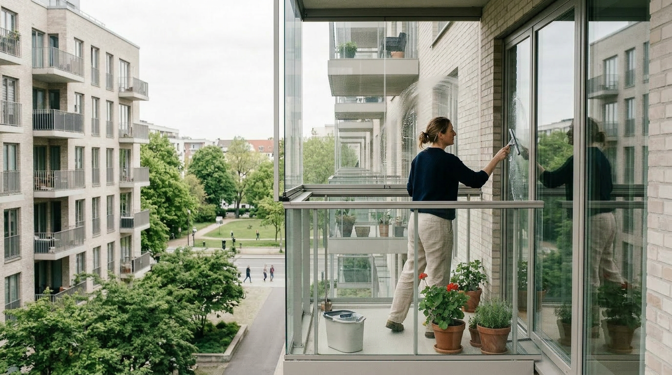 Smilende kvindelig rengøringsmedarbejder tørrer et spisebord af i en lys, skandinavisk stue